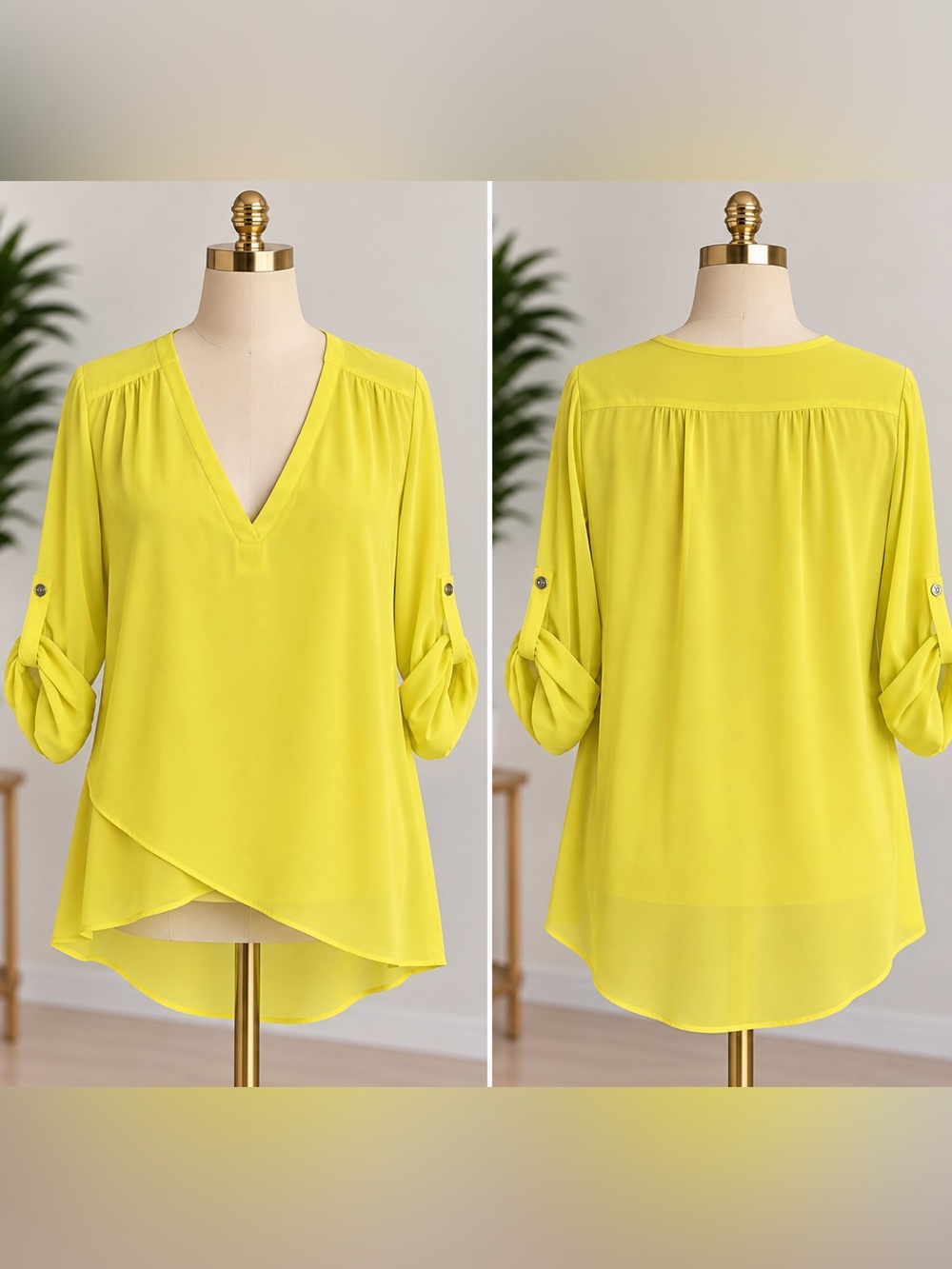 Karen Kane Yellow V-Neck Blouse Long Sleeve Flowy Top Size L